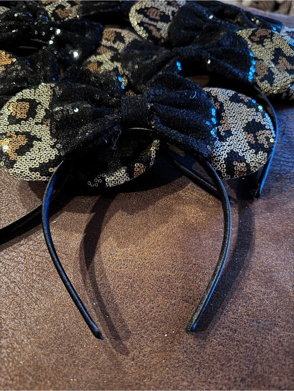 Bulk Lot-9 New Leopard Minnie Ear, Black Sequin Bow Headbands-Wholesale Pricing